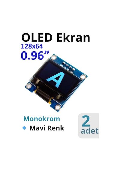 2-adet Oled Ekran 0.96" I2c Mavi, Monokrom