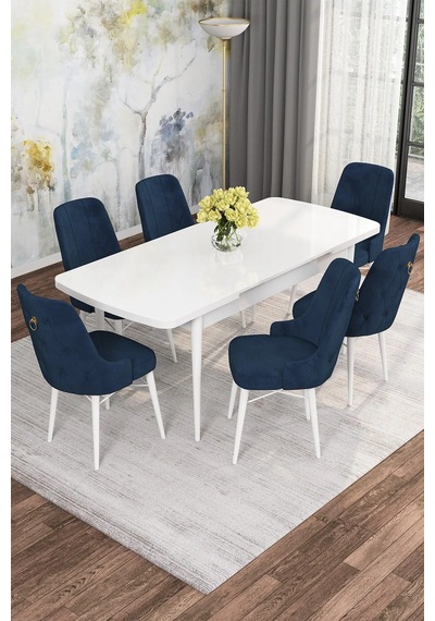 Zümra Serisi, Beyaz 80x132 Açılabilir Mdf Mutfak Masası Takımı 6 Adet Sandalye Lacivert Zümra Serisi, Beyaz 80x132 Açılabilir Mdf Mutfak Masası Takımı 6 Adet Sandalye Lacivert