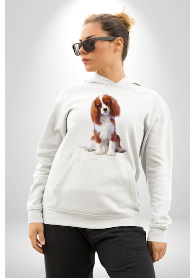 Cavalier King Charles Spaniel Kadın Erkek Beyaz Kapüşonlu Sweatshirt Hoodie Beyaz