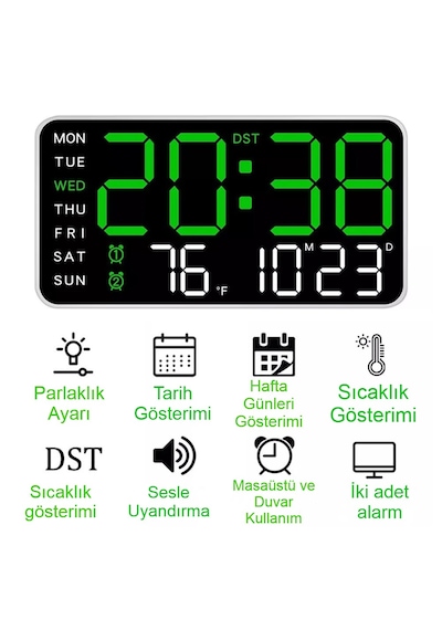 Ev Ve Ofis İçin Yeşil Led Duvar Saati Göz Yormayan Otomatik Işık Çift Alarm Sıcaklık Tarih Siyah