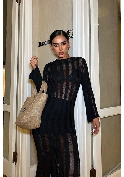 WeShaya Kadın Siyah Pamuk Oversize Kroşe Midi Elbise Siyah WeShaya Kadın Siyah Pamuk Oversize Kroşe Midi Elbise Siyah