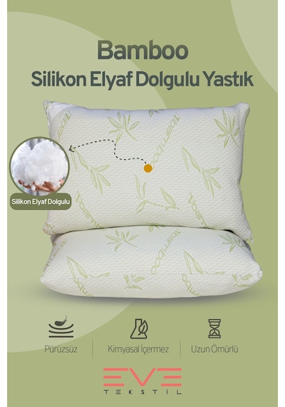 Eve Tekstil 2 Adet Bamboo Serisi Kılıflı Fermuarlı Yıkanabilir Antialerjik Silikon Elyaf Yastık 50x70cm 800 Gr Yeşil