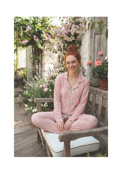 Rindahomewear Pembe Bürümcük Kumaş Fiyonk Detaylı Uzun Kollu Pijama Takımı Pembe
