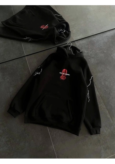 Üç İplik Kapşonlu Baskılı Oversize Sweatshirt- Siyah Siyah