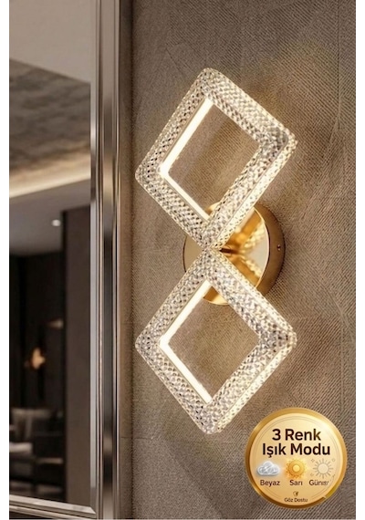 Yakamoz Model 2"li Gold 3 Renk Modu Kristal Salon Mutfak Yatak Çocuk Odası Aplik Altın