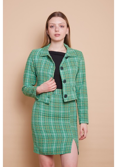 Önü Düğmeli Cep Kapaklı Tüvit Blazer Kısa Ceket-yeşil Ekose Yeşil Eks.