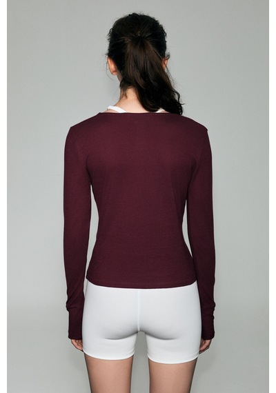 Grımelange Polunea Kadın V Yakalı Önü Fermuar Kapamalı Vücuda Oturan Slim Fit Bordo Bluz bordo