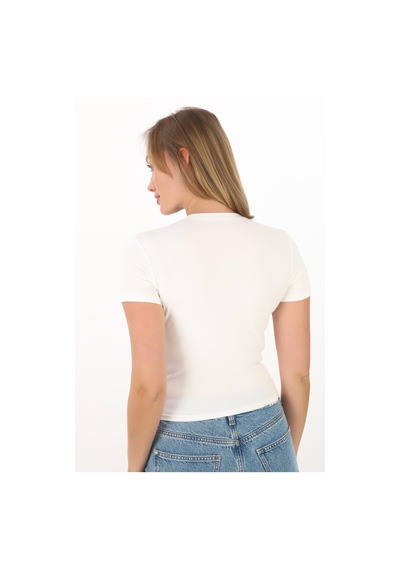 Crop Slim Fit Pamuk Likra Tişört-ekru Ekru