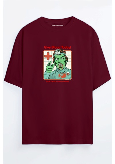 Give Blood Today Vampir Siyah - Beyaz Oversize T-shirt Bordo