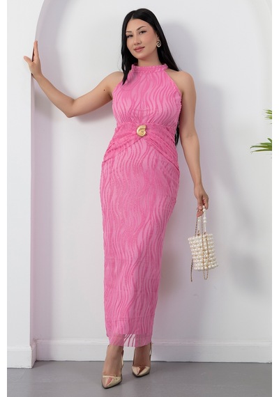 Kalopya Halter Yaka Beli Tokalı Bağlamalı Elbise Grs4023 Pembe