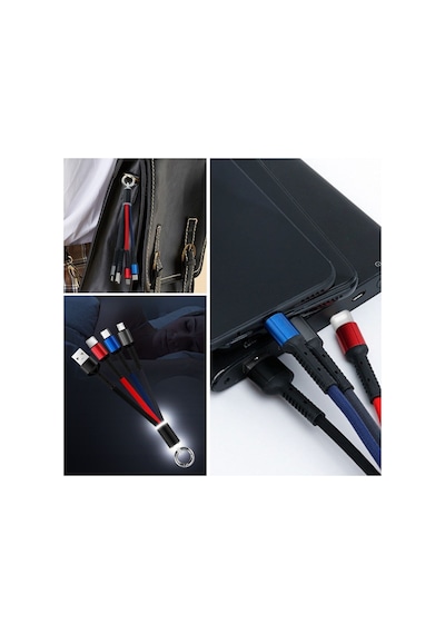 Dgc Avm Işıklı Anahtarlık Model 3 İn 1 Usb Çıkışlı Mikro,type-c Ve İphone Uyumlu Şarj Kablosu Siyah
