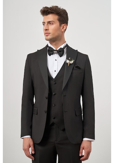 İmza Siyah Yelekli 6 Drop Slim Fit Ceremony Takım Elbise 1001240205 Siyah