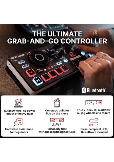 Mixtrack Go Kompakt Bluetooth Dj Controller 2 Deck, Stems Kontrolü, Smart Fader, Kapasitif Dokunmatik Jog Wheel, Us