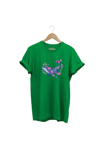 Renkli Balık Balina Desenli Baskılı %100 Pamuk Regular Fit Unisex T-shirt Yeşil