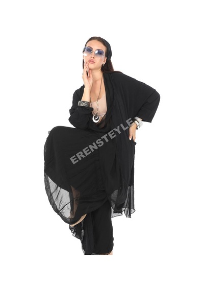 Italyan Ipek Detaylı Oversize Kap Bluz- Asimetrik Pantolon Takım Siyah
