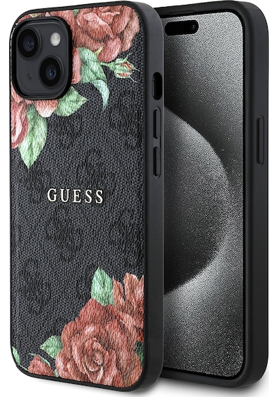 Apple Uyumlu iPhone 14 Kılıf Guess Lisanslı Magsafe Şarj Özellikli Gül Baskılı 4g Desenli Yazı Logolu Kapak Siyah