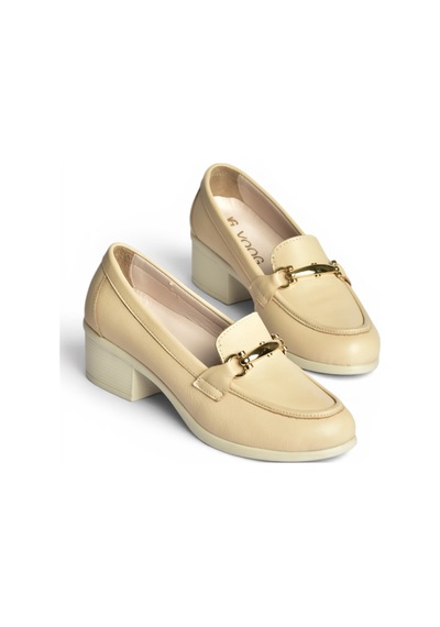 Fox Shoes Y555592003 Bej Hakiki Deri Kalın Alçak Topuklu Kadın Ayakkabı