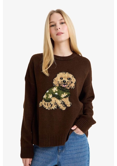 Defacto Regular Fit Bisiklet Yaka Köpek Desenli Triko Kazak G6225ax25wnbn304 Kahve-bn304