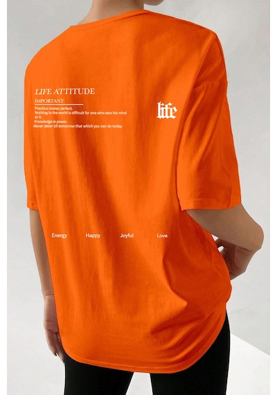 Unisex Life Baskılı T-shirt Turuncu