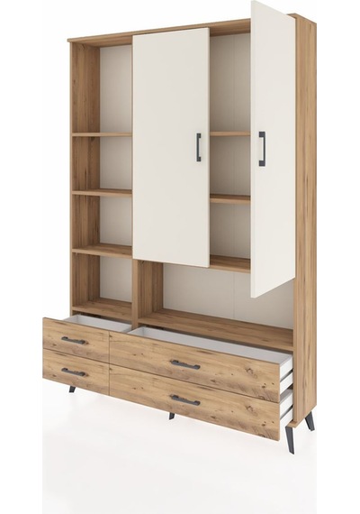 Arges Dolap 8 Raflı 4 Çekmeceli 2 Kapaklı 132x30x195 Çam-aytaşı/çam Aytası/atlas Çam