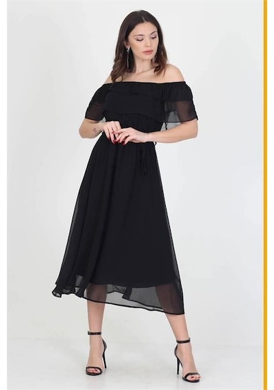 Dip Moda Kadın Madonna Yaka Kuşaklı Şifon Elbise Dpry8060 Siyah