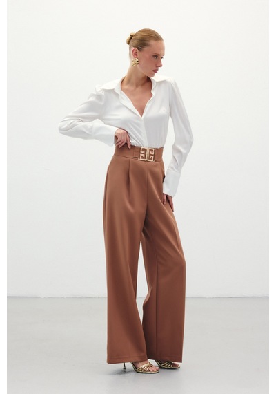 Sateen Bel Aksesuarlı Bol Paça Pantolon - Camel