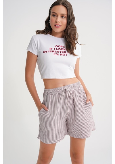 Mixray 4728 Kadın Beli Lastikli Çizgili Müslin Şort Bordo