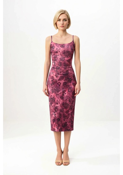 Benerly Kadın İnce Askılı Kare Yaka Çiçek Desenli Bodycon Midi Esnek Örme Mürdüm