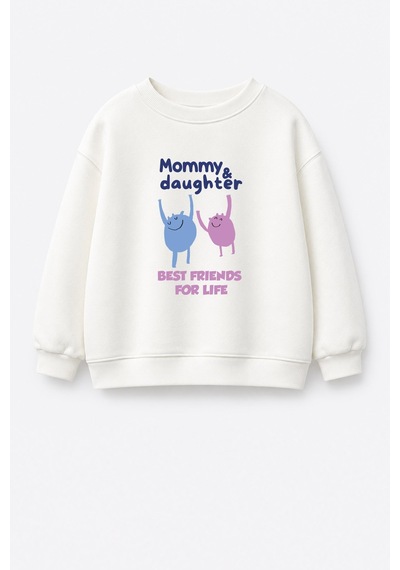 Monila Kız Çocuk Pamuklu Bisiklet Yaka Anne Kız Baskılı T-shirt Ekru