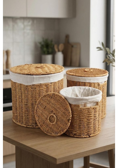 Digithome 3 Lü Kapaklı Hasır Patates Soğan Sarımsak Sepeti Sebzelik -9t05 Ş/9 Kahverengi