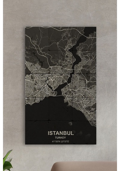 Doğal Taş Tablo - Istanbul Haritası Siyah- Duvar Dekoru 30x50cm
