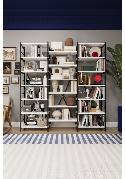 Asra Trend 6 Raflı Metal Kitaplık METALK03 %100 MDF Üç Modüllü Geniş Kütüphane Beyaz