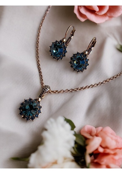Black Diamond Kristal Taşlı Güneş Figür Kolye Ve Küpe Seti Gri