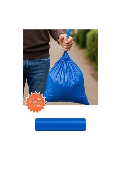 Mavi Büzgülü Çöp Torbası 55x60 Cm 3x15'li Adet Ev Mutfak İş Ofis Avantajlı Paket