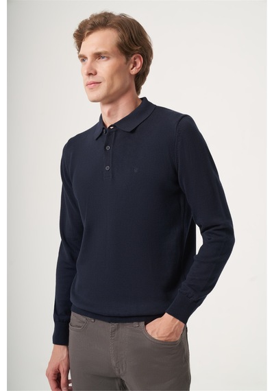 İmza Lacivert Polo Yaka Uzun Kol Örme Comfort Fit Pamuklu Kazak 1012265007