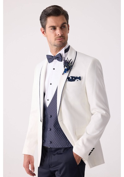 Ysf Erkek Krem Slim Fit Mono Yaka Yelekli Damatlık