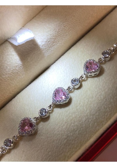 Svarovski Taşlı Pembe 3'lü Kalp Gümüş Işıklı Kutuda Sevgiliye Eşe Hediye Bileklik