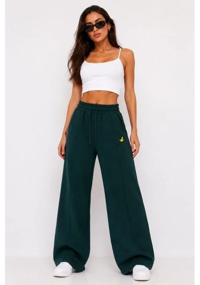 DefyModa Osy Modal Yumuşak Dokulu Cima Dikişli Nakışlı Cepli Oversize Bol Paça Eşofman Altı - Yeşil