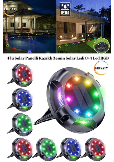 4 Adet 12 Ledli Solar Güneş Enerji Otomatik Yanma Rgb Rengarenk Toprağa Saplamalı Bahçe Aydınlatma