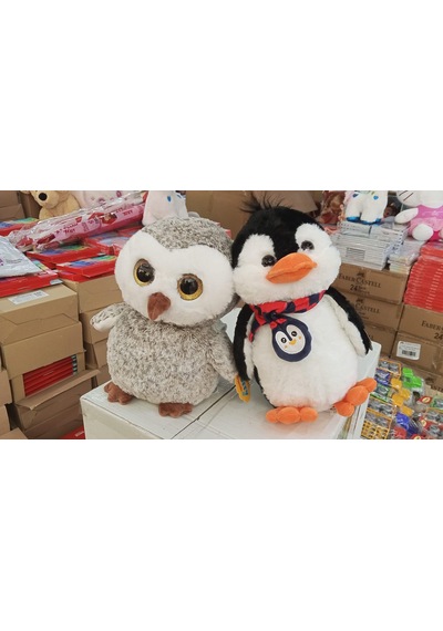 Oyuncak Peluş Uyku Arkadaşlari İkili Set Parıltılı Gözlü Baykuş Ve Atkılı Penguen Herbiri 30 Cm