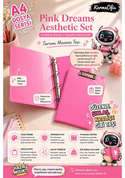 Pink Dreams Aesthetic Kırtasiye Seti A4 4 Halkalı Klasör + Kapaklı Sekreterlik Pembe Pvc Dosya Organizer