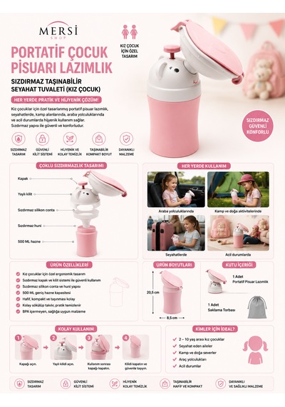 Portatif Çocuk Pisuarı Lazımlık Sızdırmaz Taşınabilir Seyahat Tuvaleti Kız Çocuk Açık Pembe