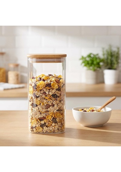 Lexroo 1400ml Sızdırmaz Vakumlu Bambu Kapaklı Borosilikat Cam Kavanoz Çok Renkli