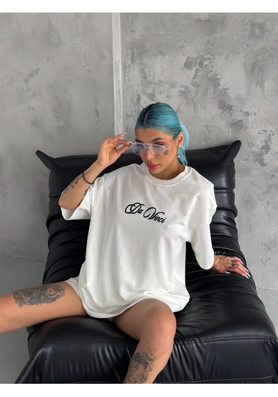 Novalisse Kadın Baskılı T-shirt Kısa Kol Bisiklet Yaka Oversize Tişört - Beyaz Çoklu Renk