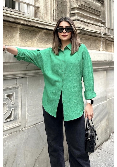 WeShaya Kadın Yeşil Basic Model, Gofre Kumaş, Salaş Gömlek Benetton