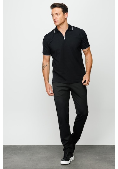 Erkek Fermuarlı Polo Yaka T-shirt Siyah Siyah