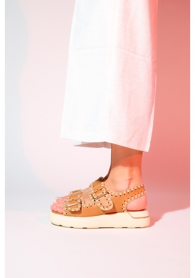 Luvishoes Douro Taba Cilt Hakiki Deri İp Örme Detaylı Kadın Sandalet Taba