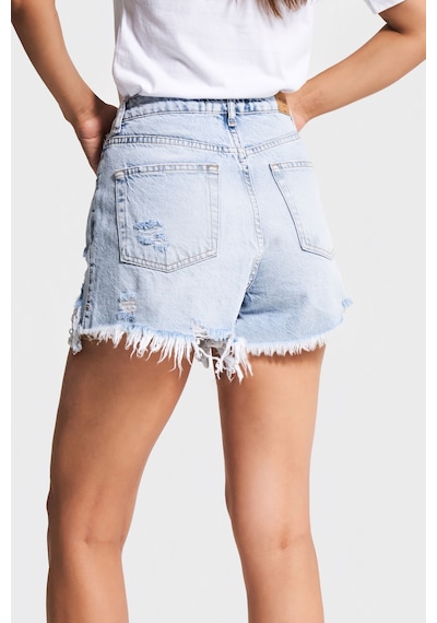 Itsbasic Kadın Ice Kot Rengi 12s5-3 Mini Boy Yüksek Bel Curved Yırtık Detaylı Püsküllü %100 Koton Denim Şort Ice Rengi