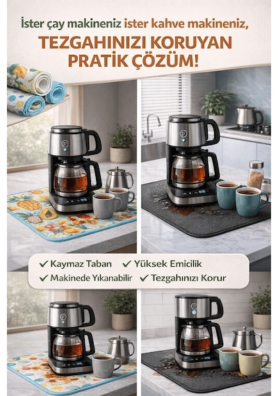 Çay Matı Çay Makinesi % 100 Mikrofiber Altlığı Su Emici Tezgah Koruyucu Kurulama Matı Çok Renkli