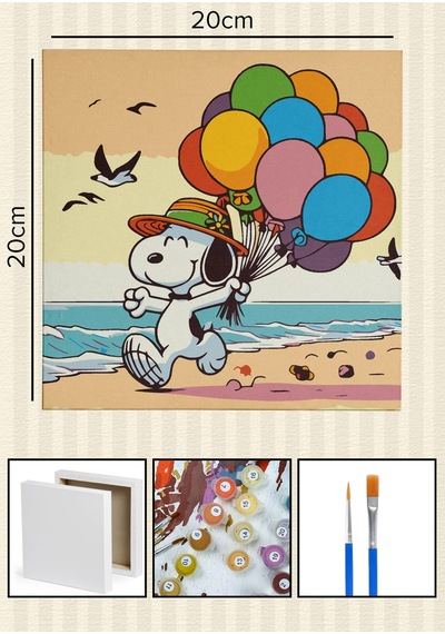 Sayılarla Boyama 20x20 Cm Tuval Seti Fırça Boya Dahil Çıtaya Gerili - Baloncu Snoopy